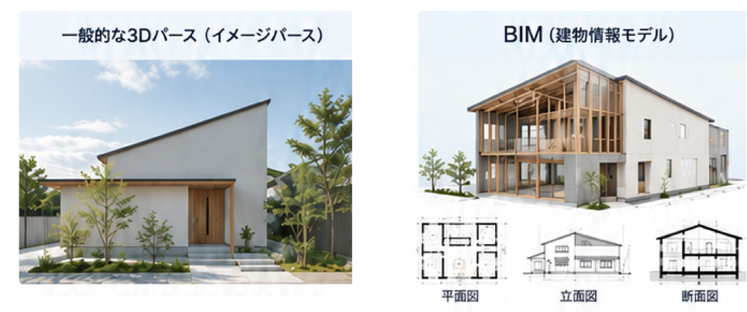 一般的な3DパースとBIMモデルの比較図
